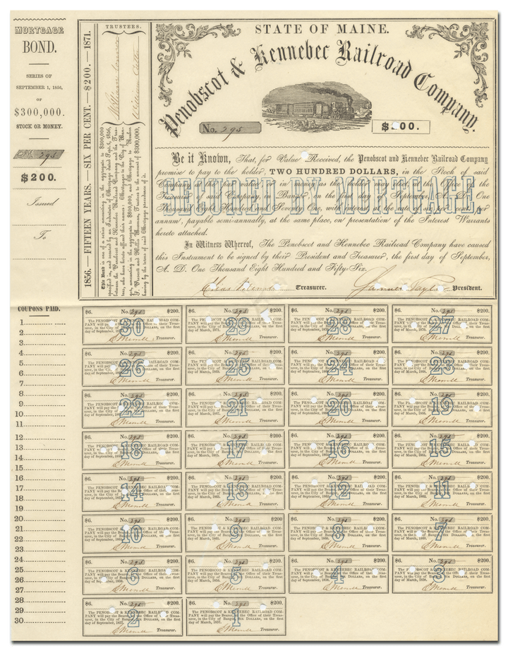 Penobscot & Kennebec Railroad Company Bond Certificate