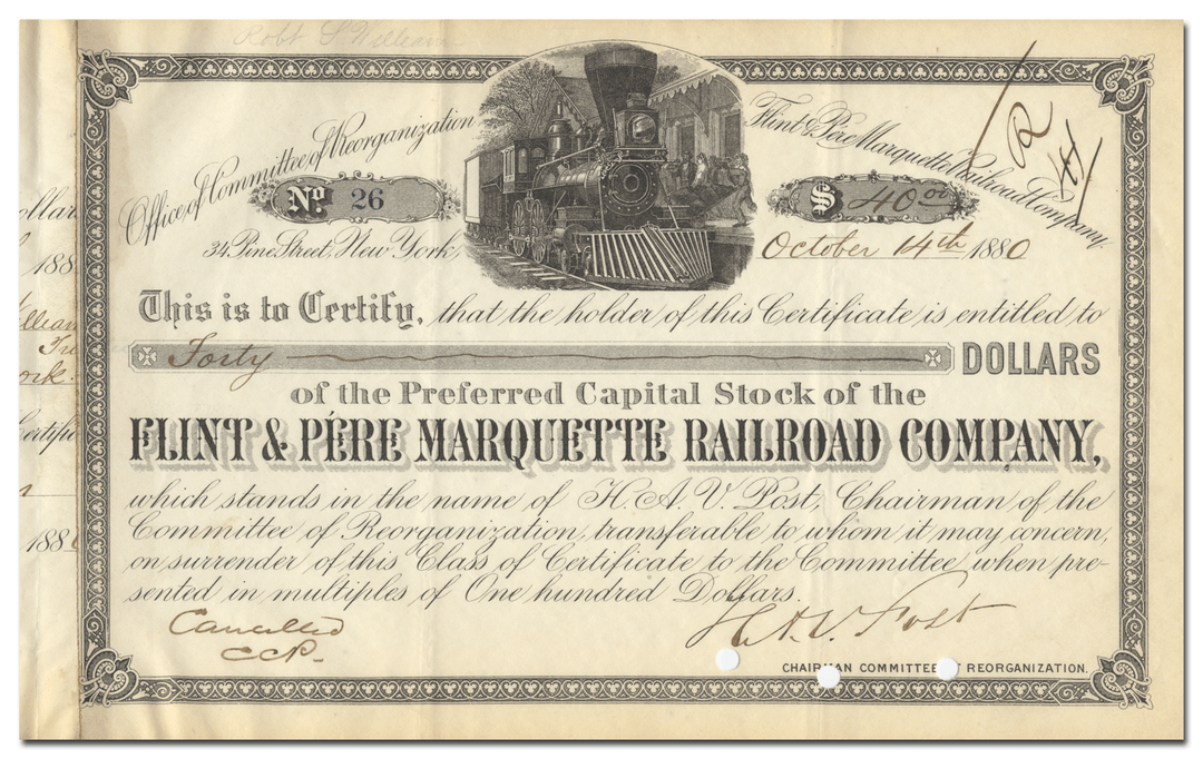 Flint & Pere Marquette Railroad Company Stock Certificate