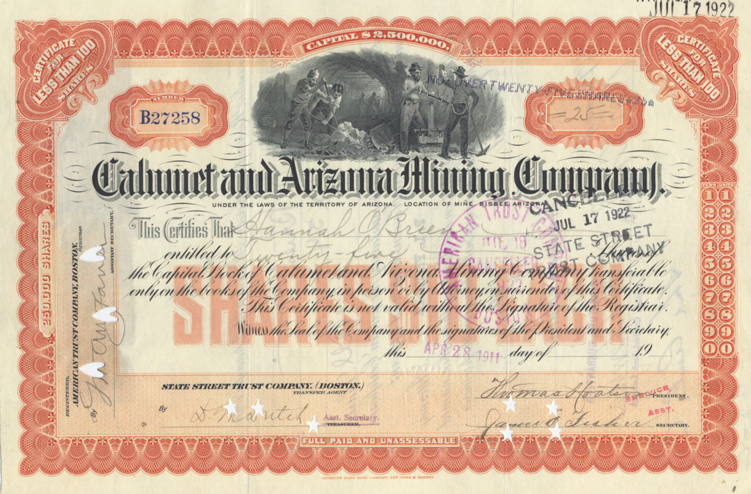 Calumet and Arizona Mining Company Stock Certificate