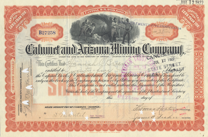 Calumet and Arizona Mining Company Stock Certificate