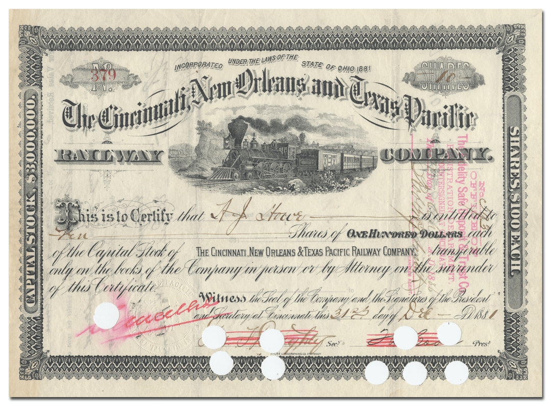 Cincinnati, New Orleans and Texas Pacific Railway Company Stock Certificate