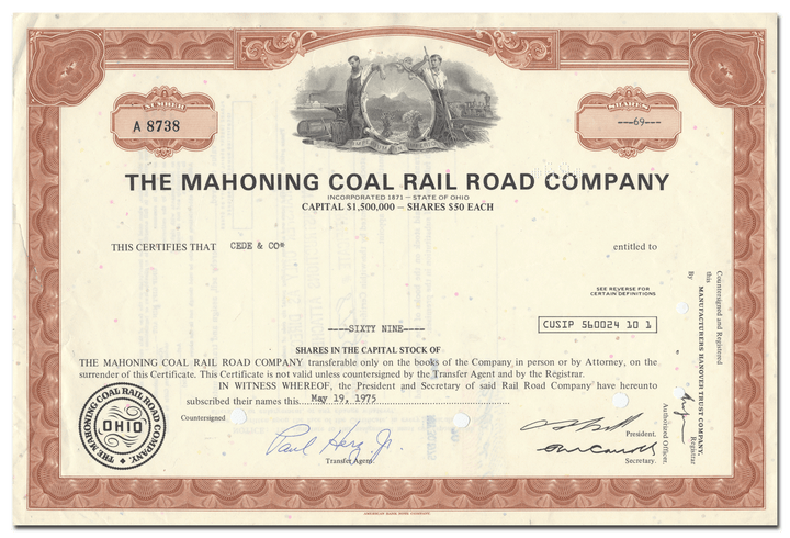 Mahoning Coal Rail Road Company Stock Certificate