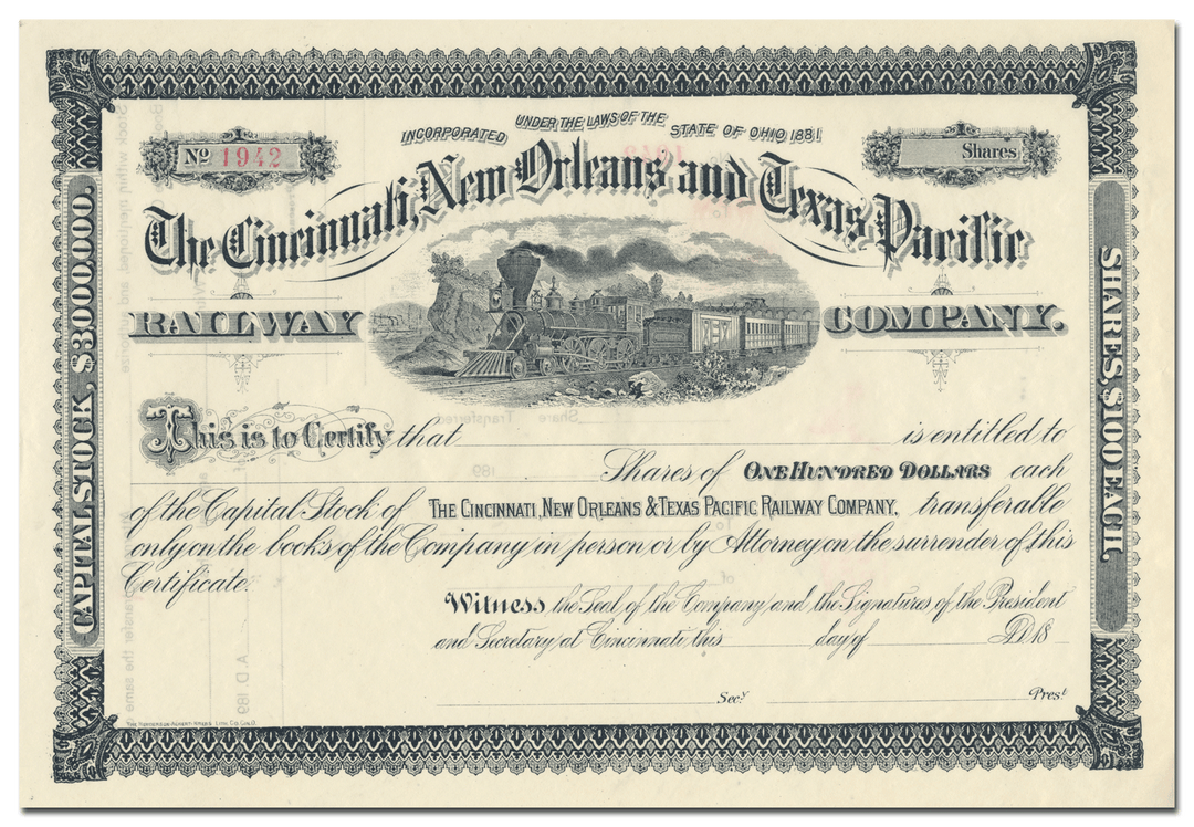 Cincinnati, New Orleans and Texas Pacific Railway Company Stock Certificate