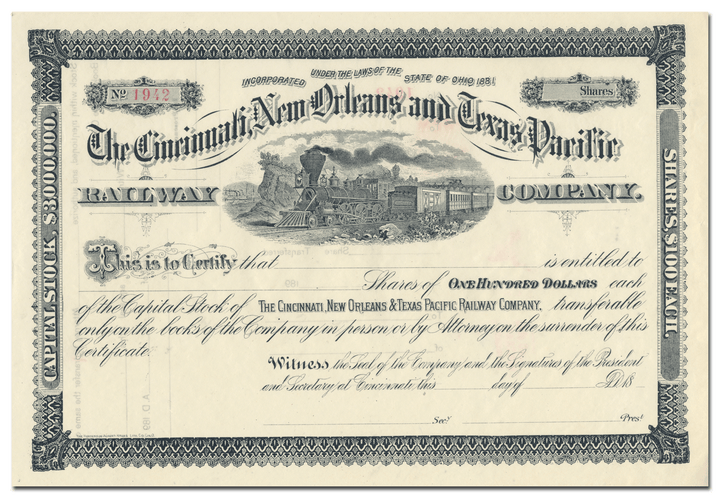 Cincinnati, New Orleans and Texas Pacific Railway Company Stock Certificate