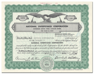 National Sweepstakes Corporation Stock Certificate