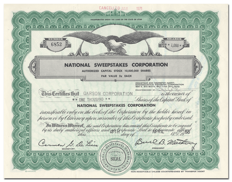 National Sweepstakes Corporation Stock Certificate