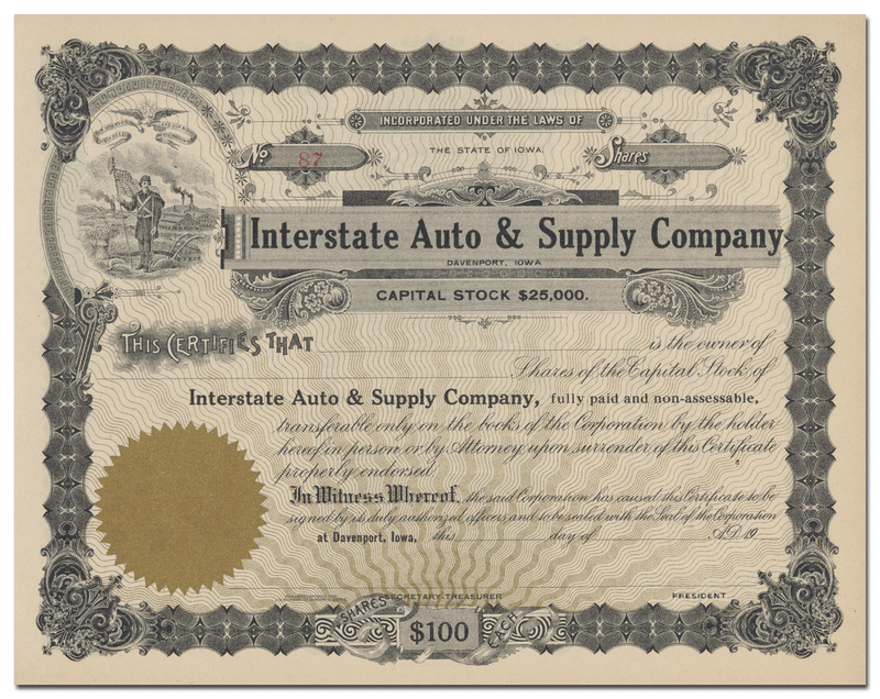 Interstate Auto & Supply Company Stock Certificate
