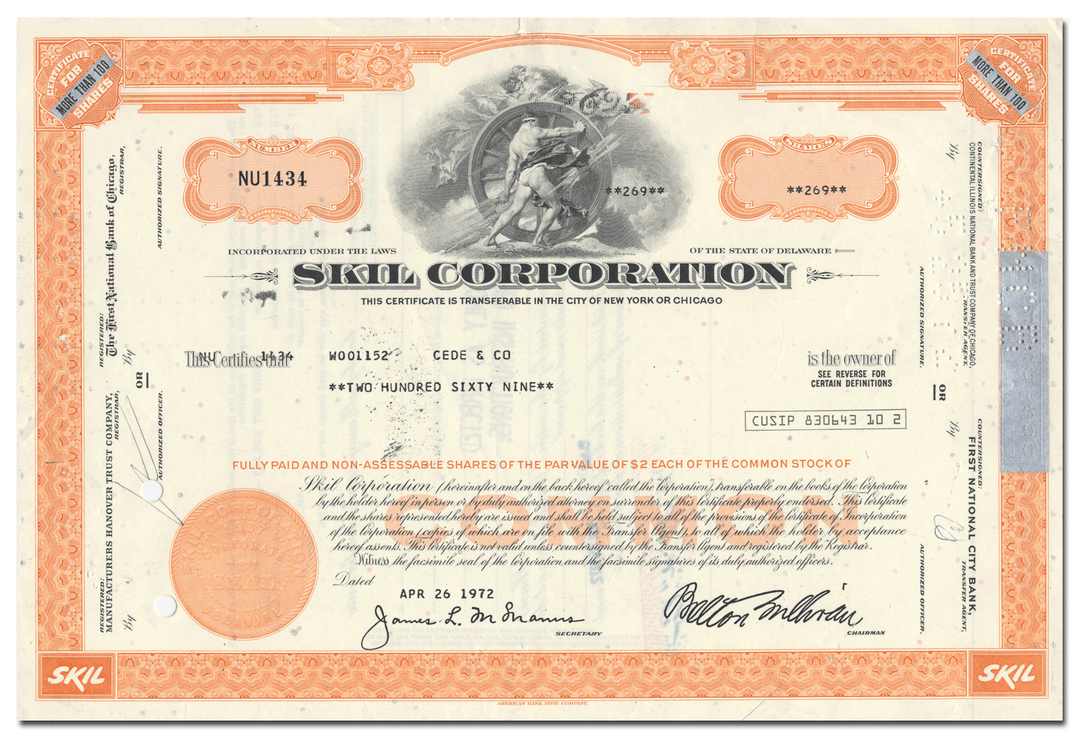 Skil Corporation Stock Certificate