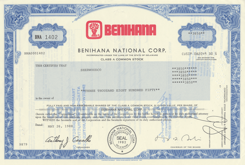 Benihana National Corp. Stock Certificate