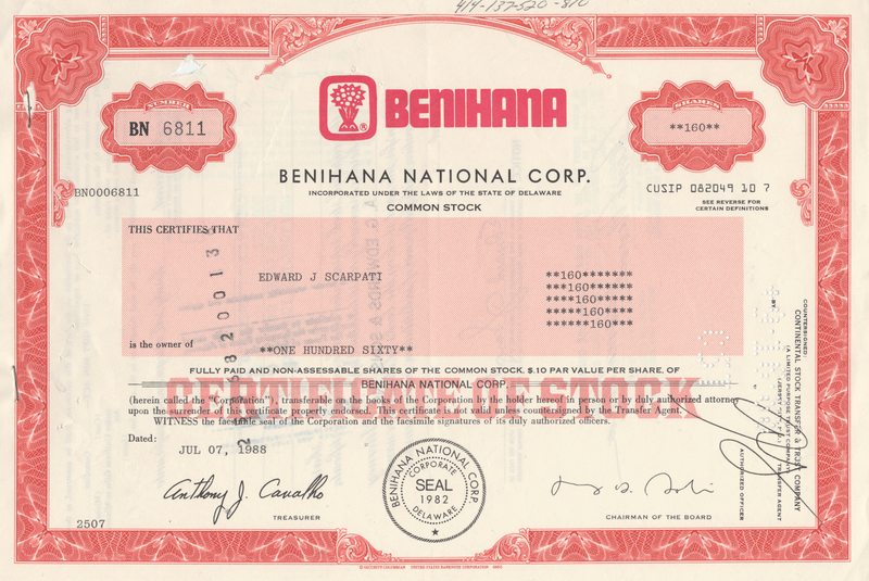 Benihana National Corp. Stock Certificate