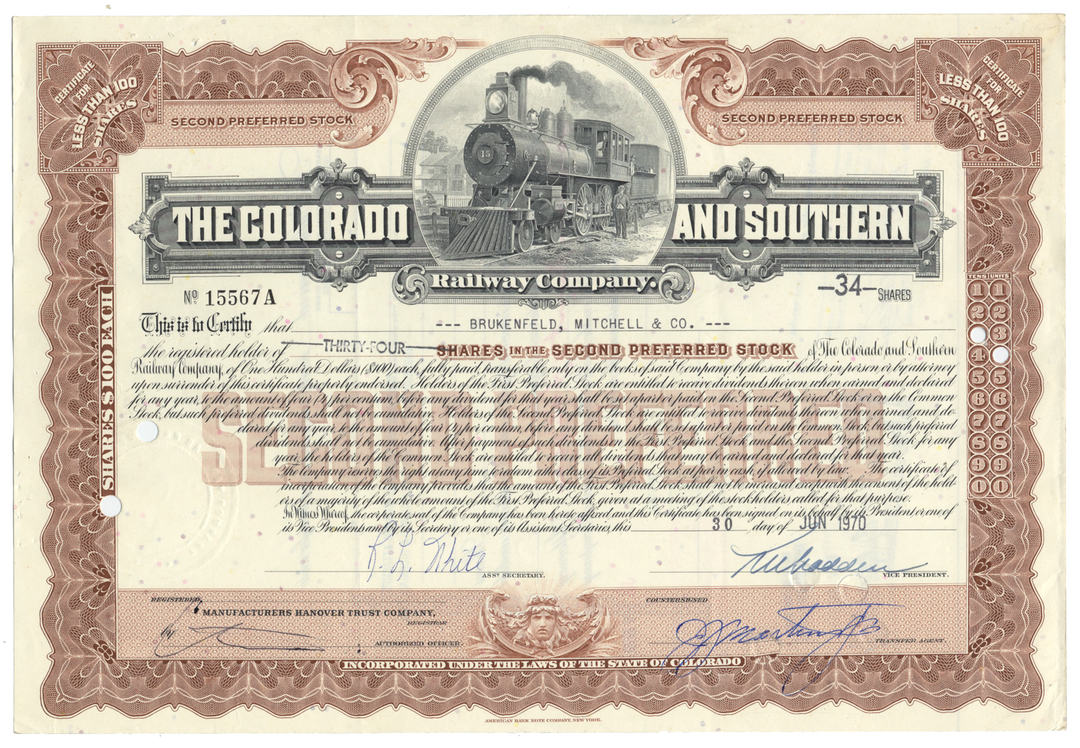 Colorado and Southern Railway Company Stock Certificate