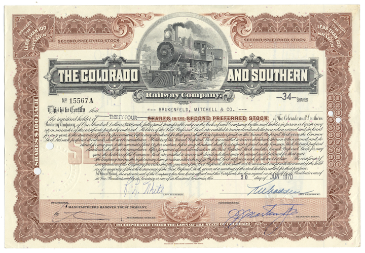 Colorado and Southern Railway Company Stock Certificate