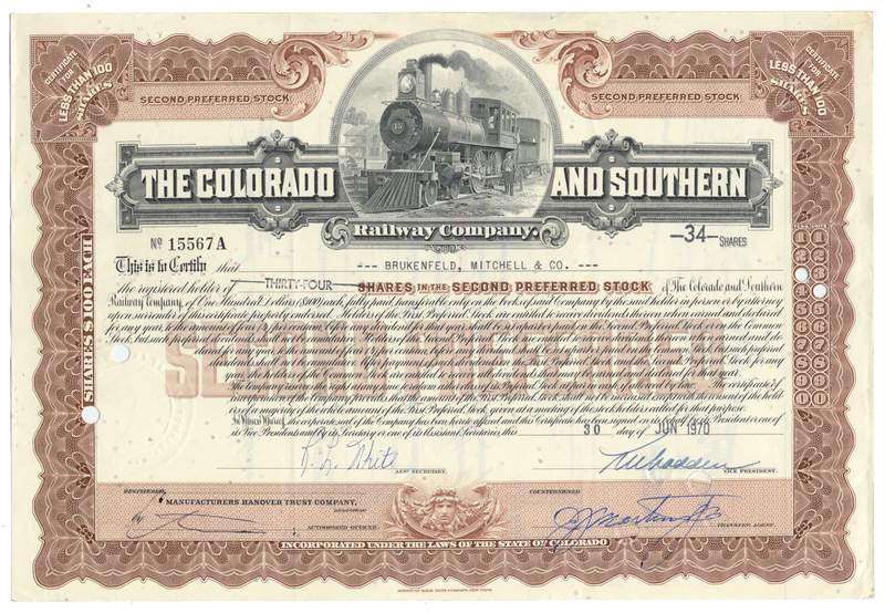 Colorado and Southern Railway Company Stock Certificate
