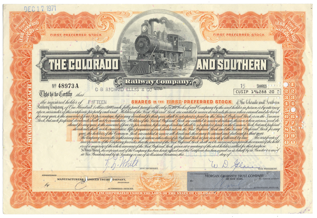 Colorado and Southern Railway Company Stock Certificate