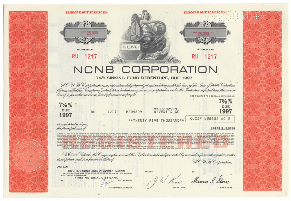 NCNB Corporation Bond Certificate