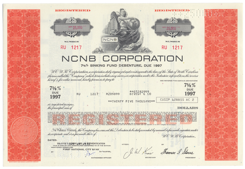 NCNB Corporation Bond Certificate