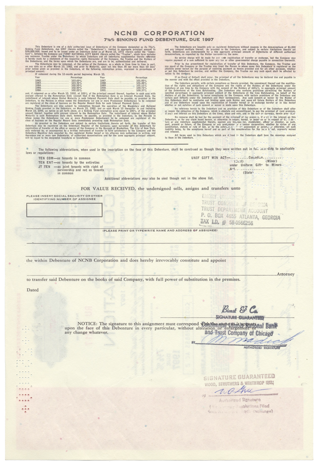 NCNB Corporation Bond Certificate