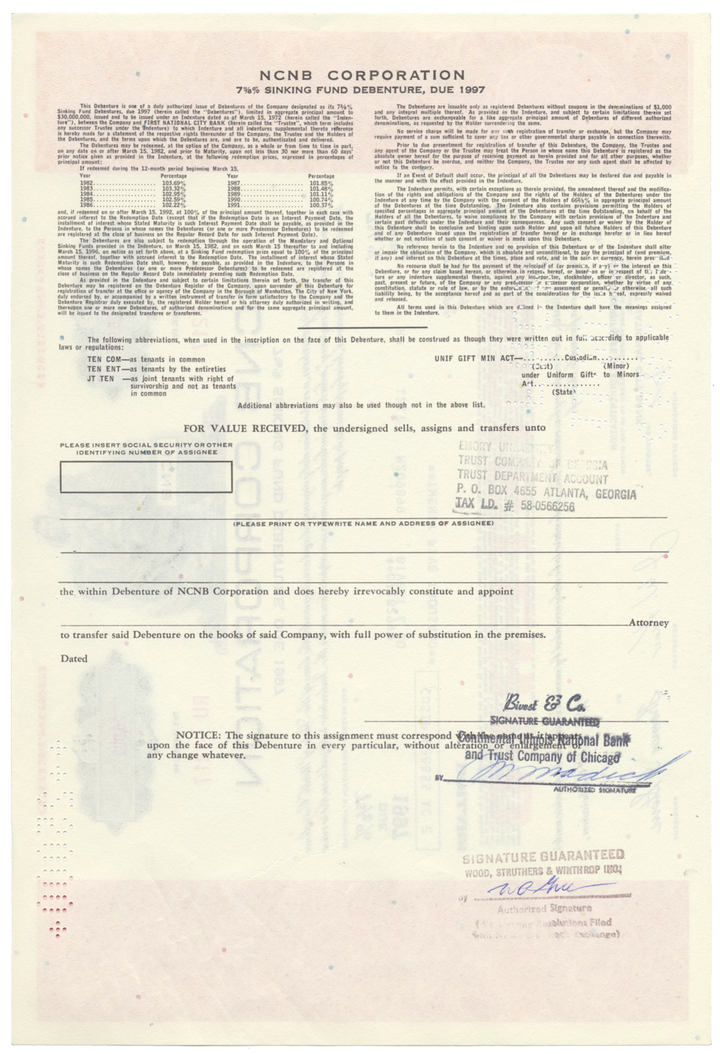 NCNB Corporation Bond Certificate