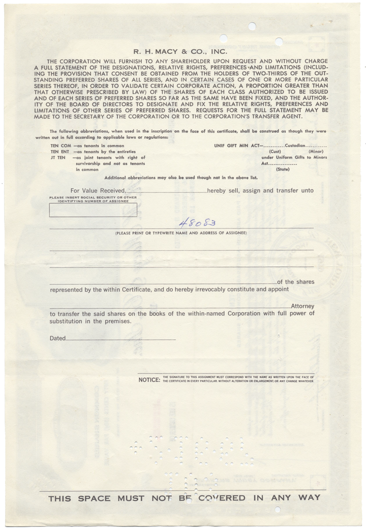 R. H. Macy & Co., Inc. Stock Certificate