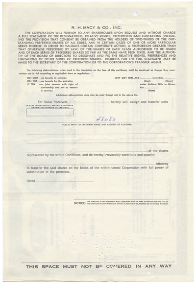 R. H. Macy & Co., Inc. Stock Certificate