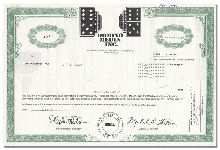 Domino Media, Inc. Stock Certificate