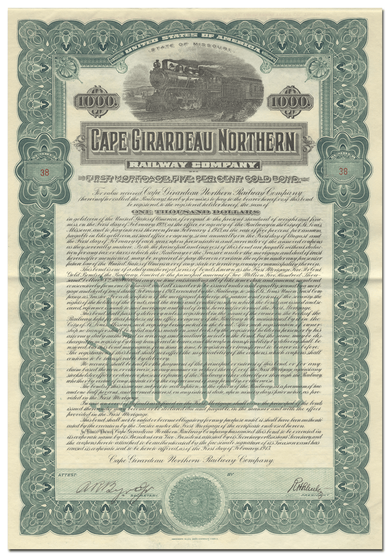 Cape Girardeau Northern Railway Company Bond Certificate