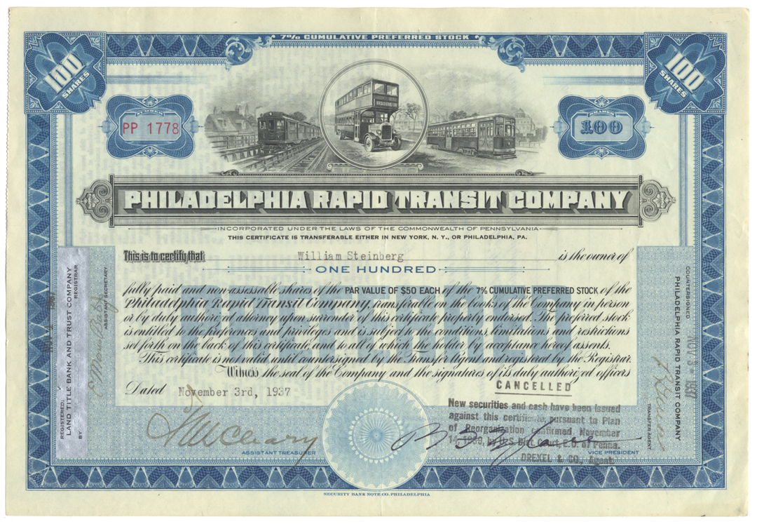 Philadelphia Rapid Transit Company Stock Certificate