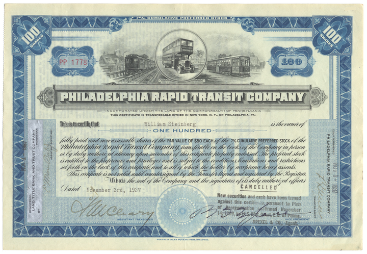 Philadelphia Rapid Transit Company Stock Certificate