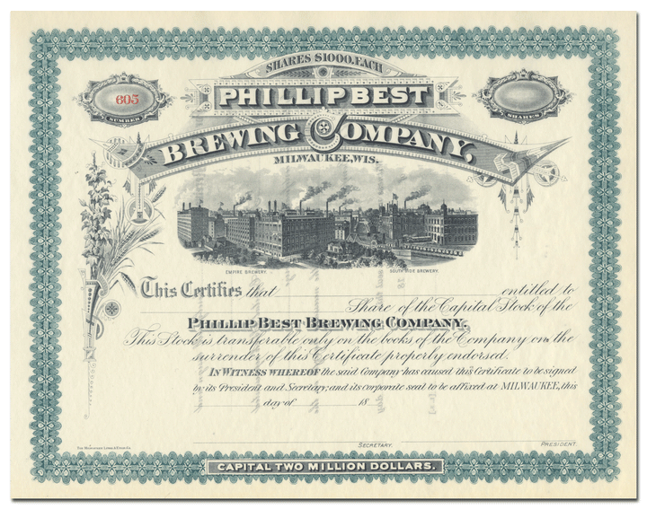 Phillip Best Brewing Company Stock Certificate