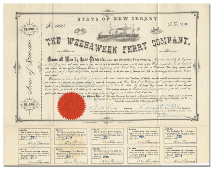 Weehawken Ferry Company Bond Certificate