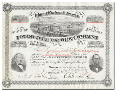 Louisville Bridge Company Stock Certificate Signed by Elisha Standiford