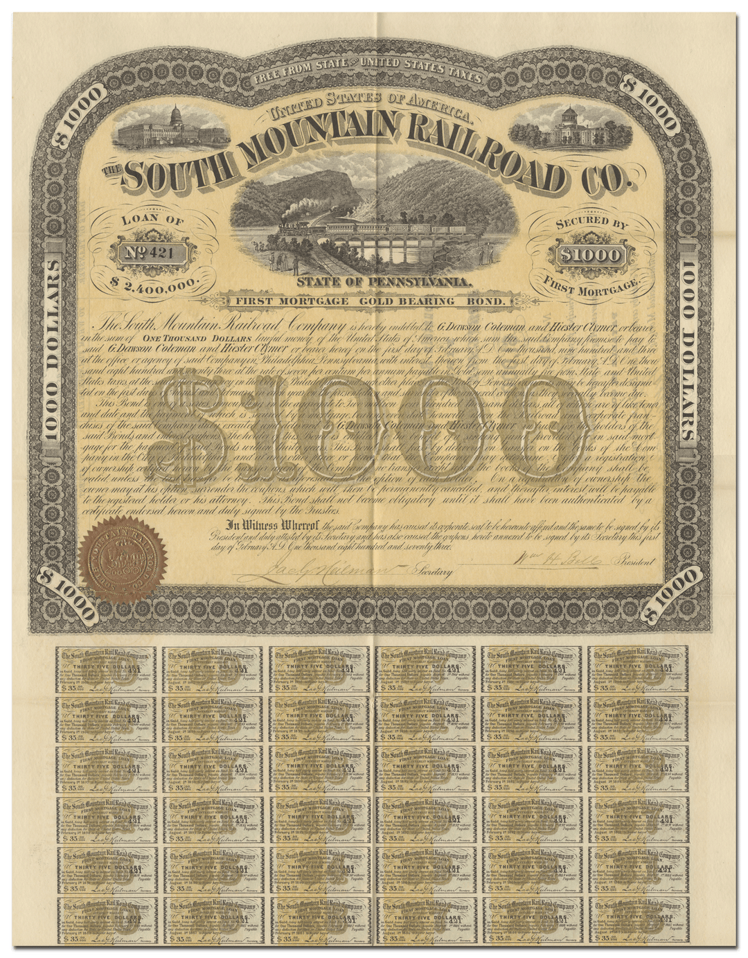 South Mountain Railroad Company Bond Certificate