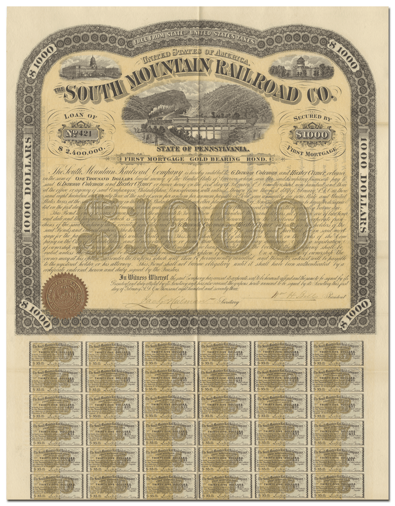 South Mountain Railroad Company Bond Certificate