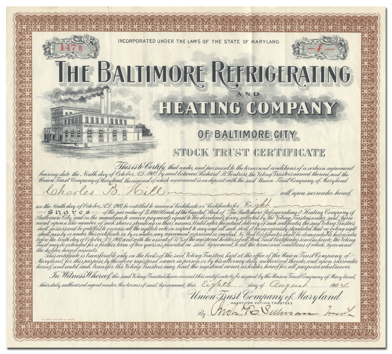 Baltimore Refrigerating and Heating Company of Baltimore City Stock Certificate