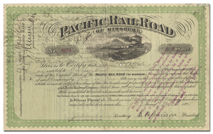 Pacific Rail Road (of Missouri) Stock Certificate