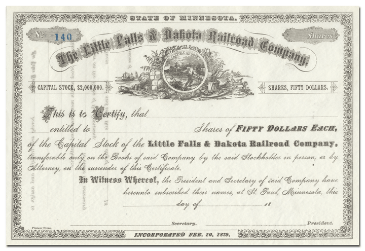 Little Falls & Dakota Railroad Company Stock Certificate