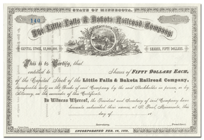 Little Falls & Dakota Railroad Company Stock Certificate