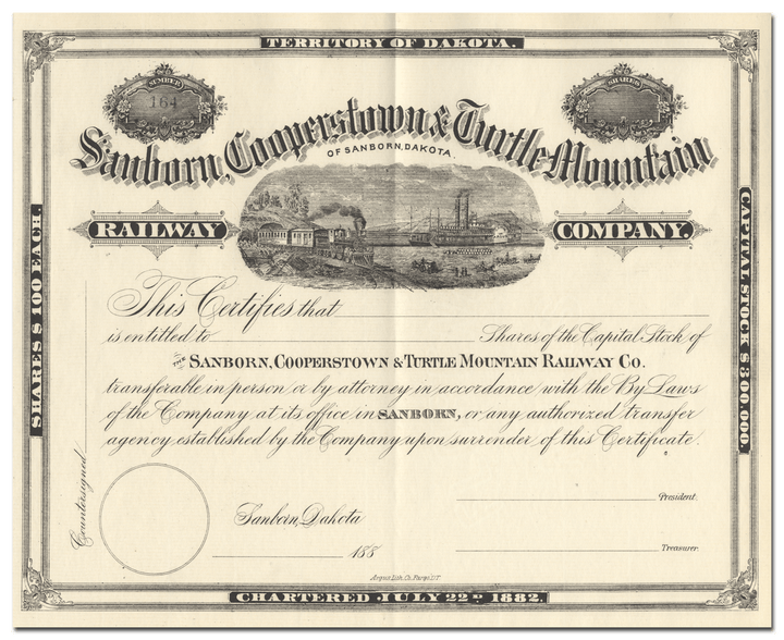 Sanborn, Cooperstown & Turtle Mountain Railway Company Stock Certificate