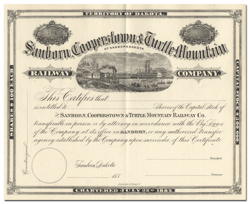 Sanborn, Cooperstown & Turtle Mountain Railway Company Stock Certificate