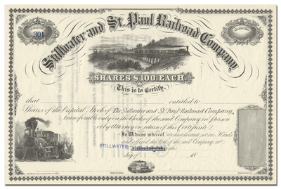 Stillwater and St. Paul Railroad Company Stock Certificate