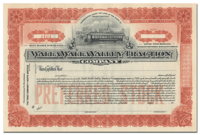 Walla Walla Valley Traction Company Stock Certificate