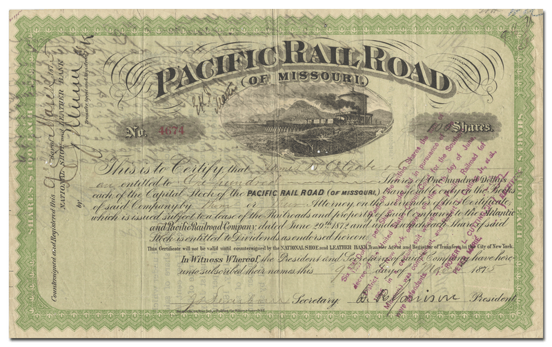 Pacific Rail Road (of Missouri) Stock Certificate