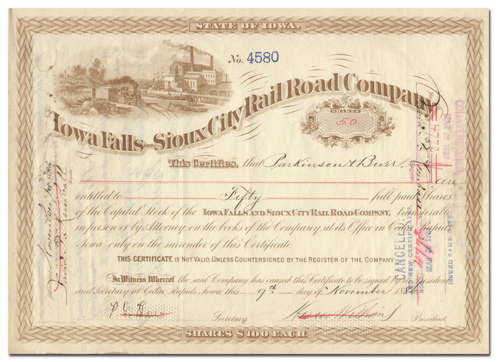 Iowa Falls and Sioux City Rail Road Company Stock Certificate