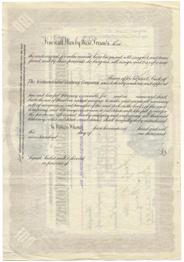 Northern Central Railway Company Stock Certificate