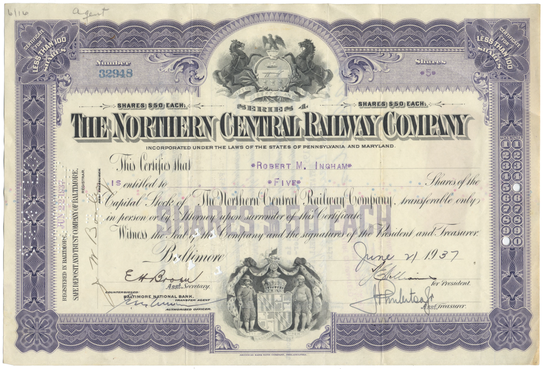 Northern Central Railway Company Stock Certificate