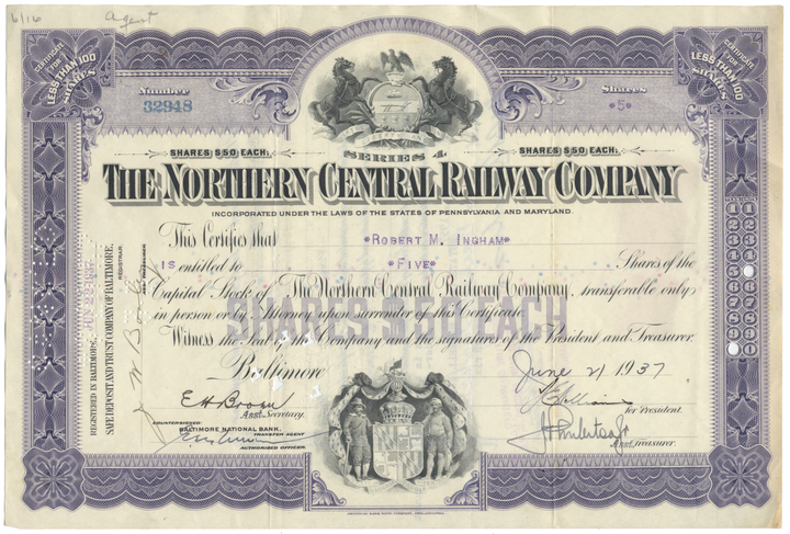 Northern Central Railway Company Stock Certificate