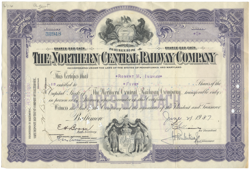 Northern Central Railway Company Stock Certificate