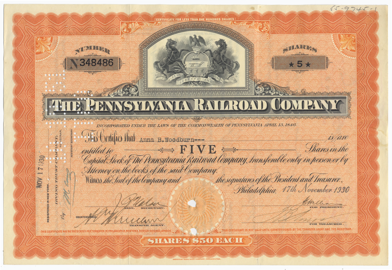 Pennsylvania Railroad Company Stock Certificate