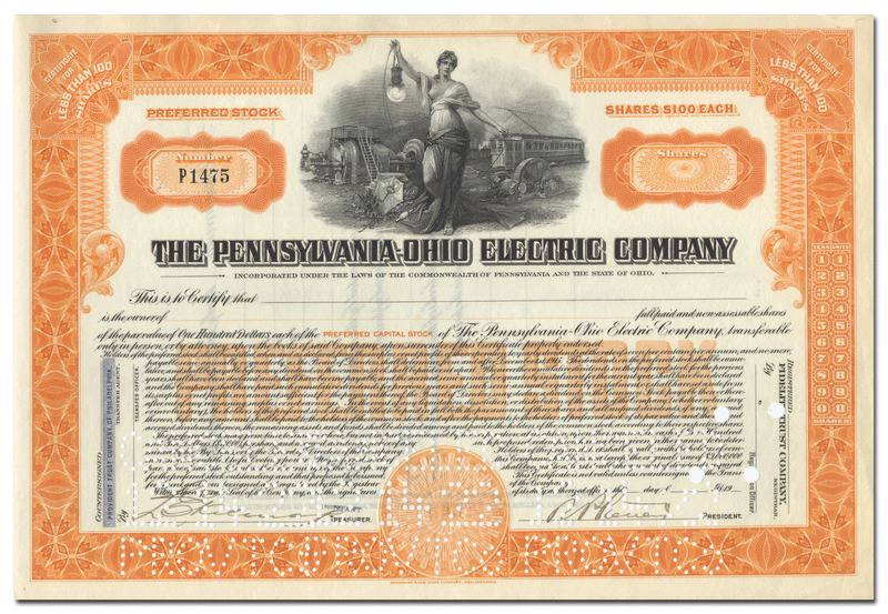 Pennsylvania - Ohio Electric Company Stock Certificate