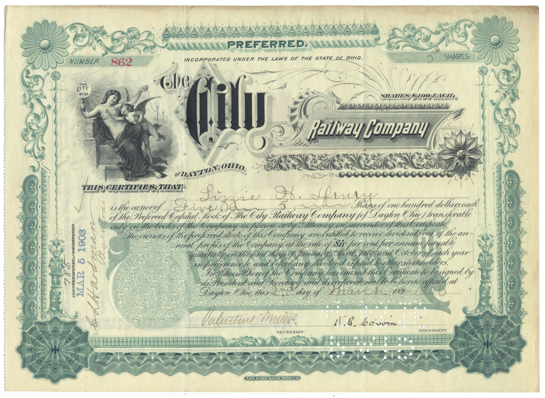 City Railway Company of Dayton, Ohio Stock Certificate